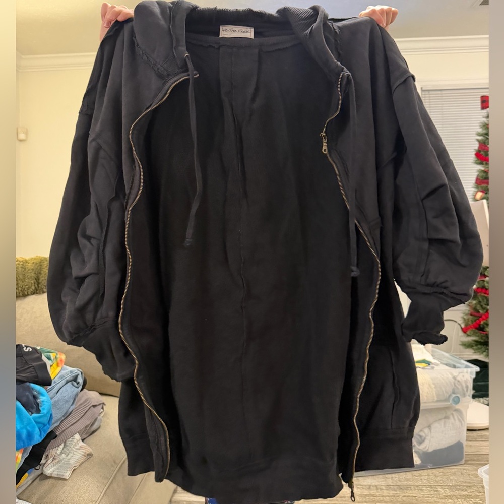 Free People long black hooded zip up sweatshirt